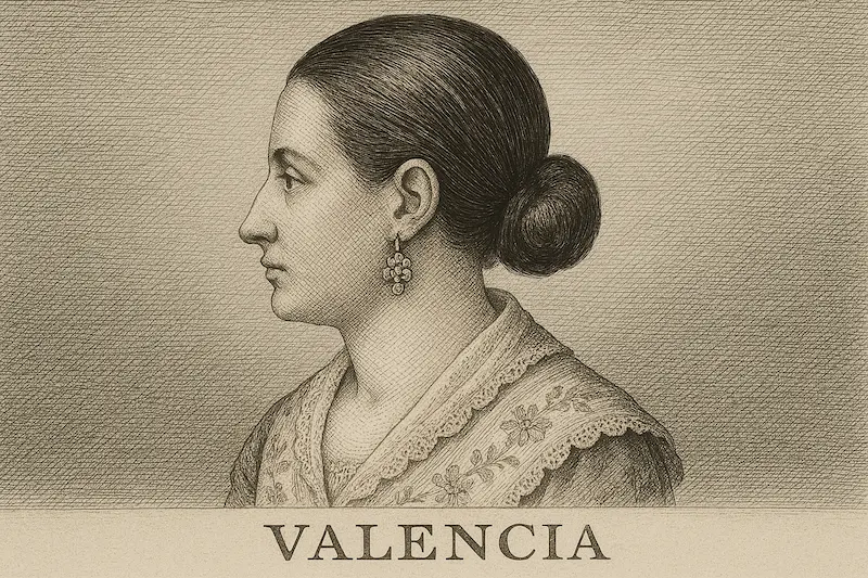 Grabado antiguo mostrando a una labradora valenciana del siglo XVIII con su peinado tradicional.