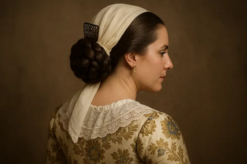 Recreación de un peinado de fallera del siglo XVIII con un solo moño trasero.