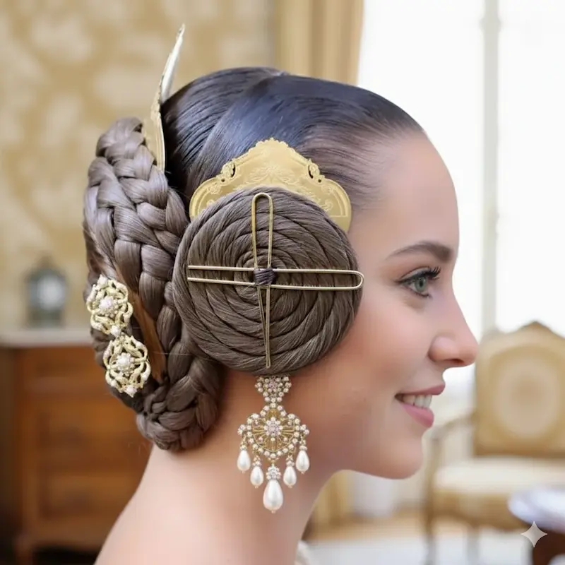 Pelo de Fallera: Calidad y Tradición para un Peinado Perfecto 5 Trenzas de fallera de fibra sintética colocadas en un moño tradicional valenciano.