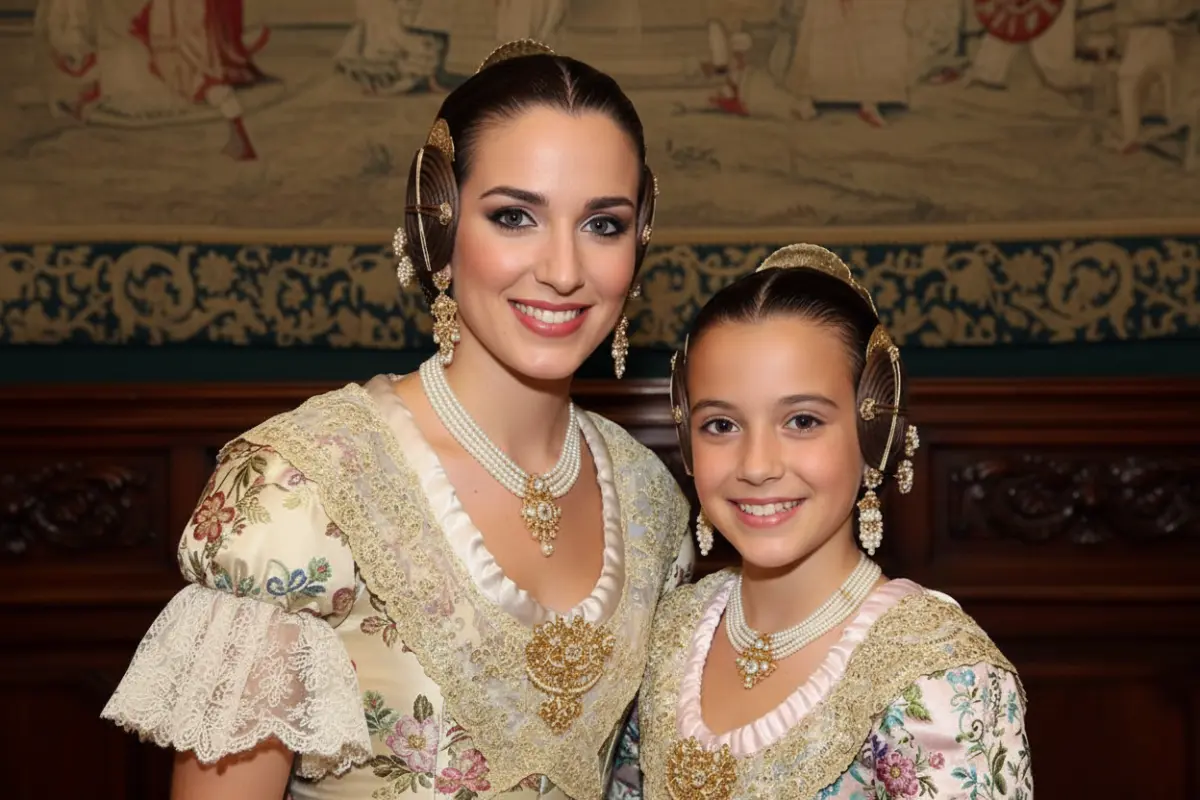 Moños de fallera cosidos en niña y adulta, peinado tradicional cómodo y bien fijado