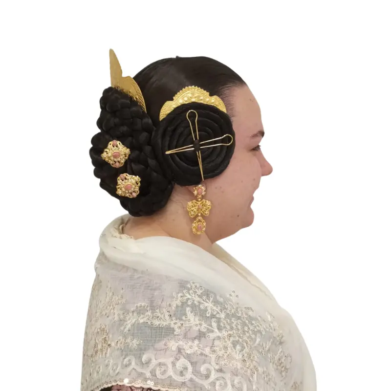 Conjunto completo de moños y rodetes de fallera cosidos de pelo sintético, listo para colocar