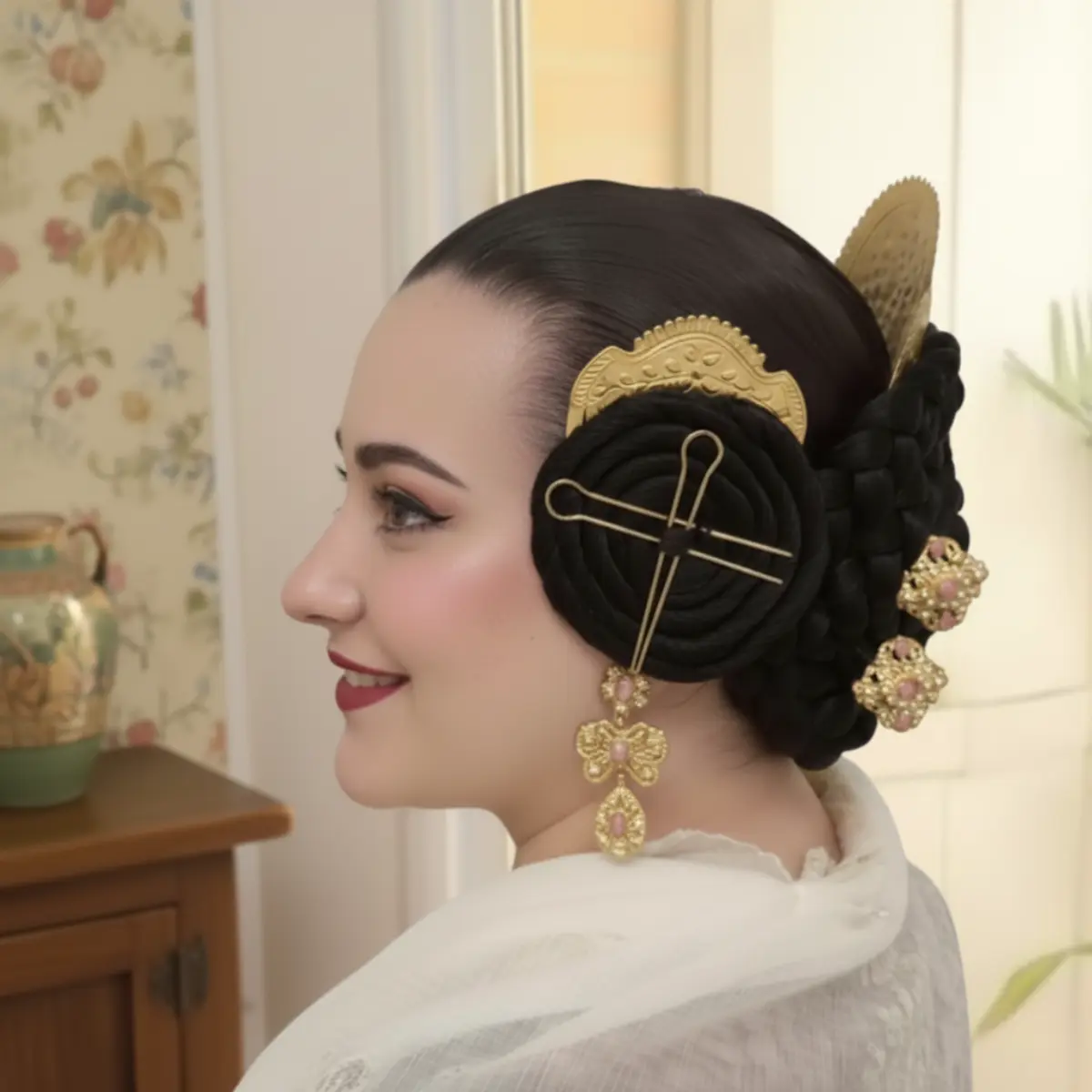 Juego de trenzas y rodetes de fallera en pelo sintético cosido