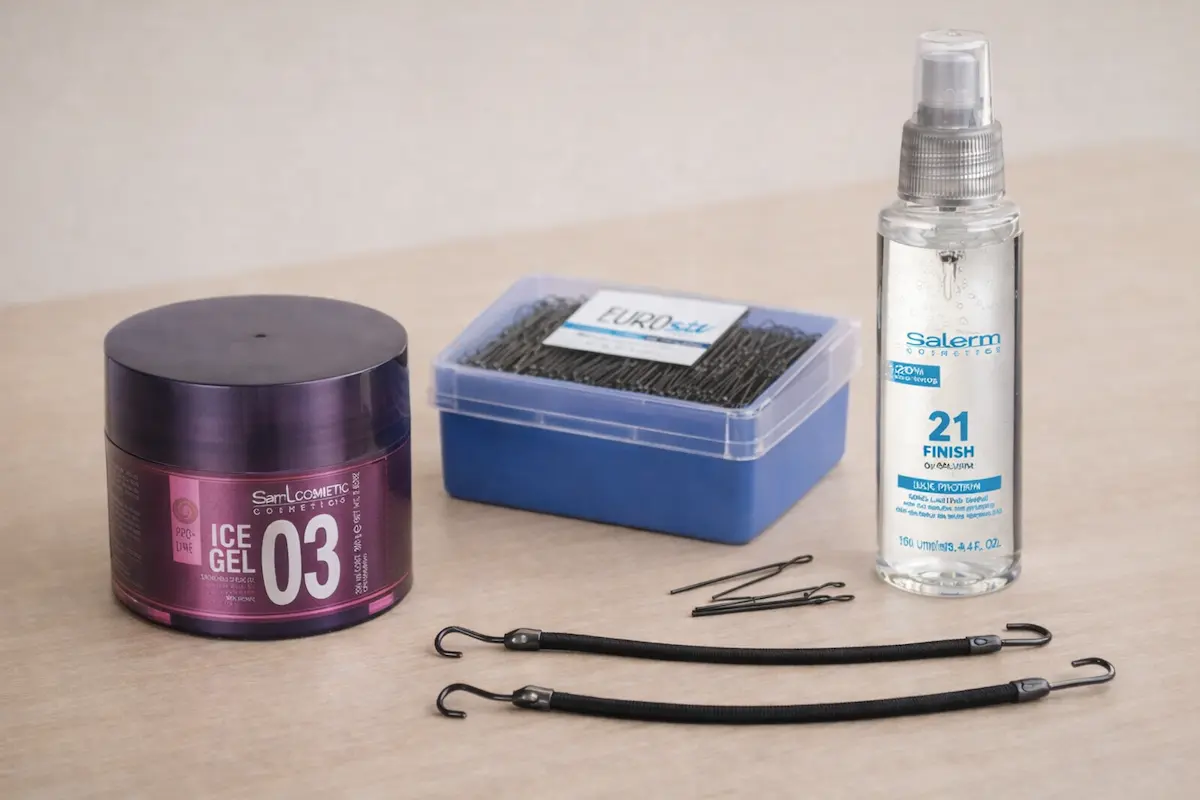 Material incluido por el centro para el curso de peinado de fallera manual: fijador, spray de acabado, gomas y horquillas