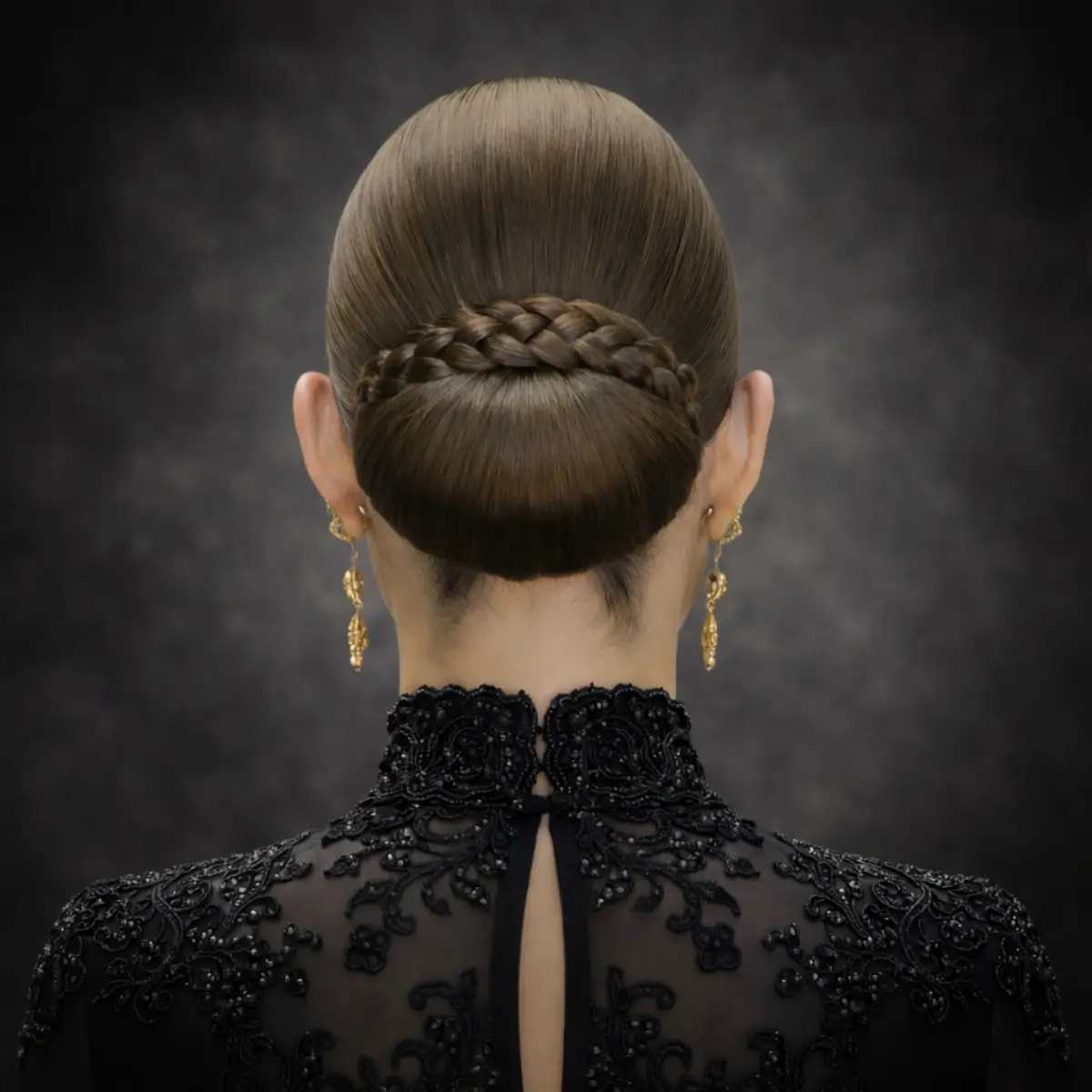 Moño castaña alicantina en peinado tradicional con acabado limpio y profesional